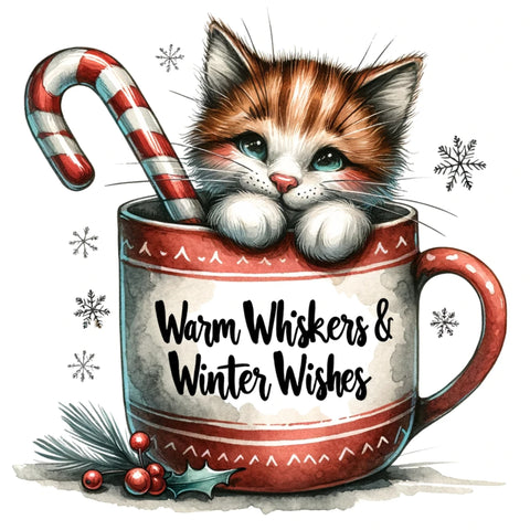 The heartwarming illustration of a snug cat curled up in a Christmas mug, tail entwined with a candy cane.