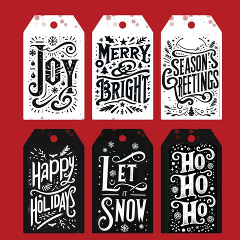 tag is designed with stylish fonts and text arrangements in a rough sketch watercolor style on a white background, following a black and white color theme, ready for cutting out.