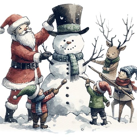 The t-shirt design with delightful illustration captures the essence of Christmas spirit, featuring Santa, an elf, and a reindeer working together to build a snowman.