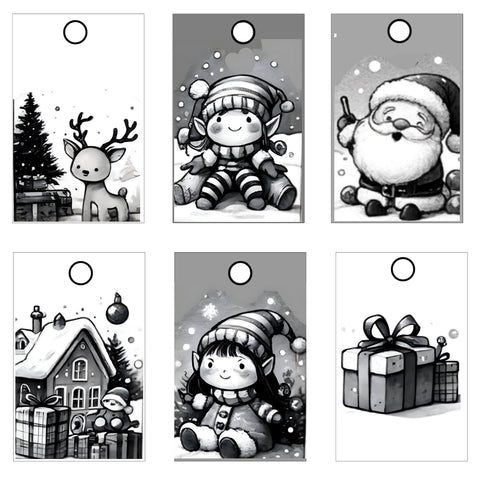 Santa’s Workshop Theme Christmas Tags, featuring cute and adorable scenes like elves, toys, and Santa’s sleigh, designed in a black and white watercolor style.