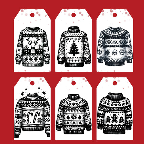 Retro Christmas Sweater Pattern Tags, each featuring a classic Christmas sweater design in black and white.