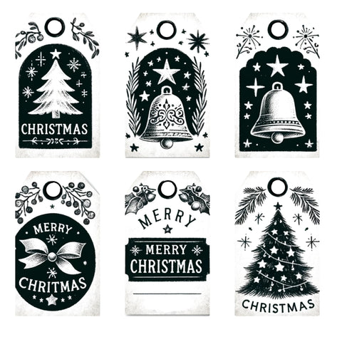 christmas tags feature vintage Christmas icons like trees, stars, and bells, all designed with an elegant and old-fashioned aesthetic in a black and white color theme.