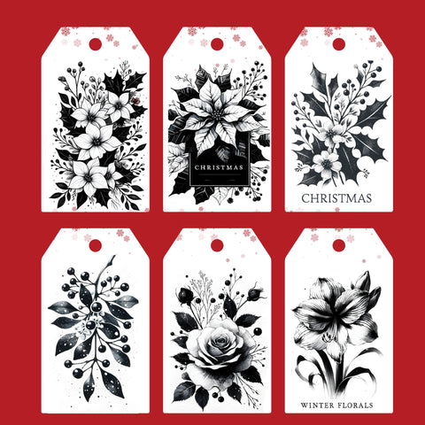 Winter Florals Theme Christmas Tags, featuring elegant illustrations of winter flowers like poinsettias, holly, and mistletoe, designed in a black and white.