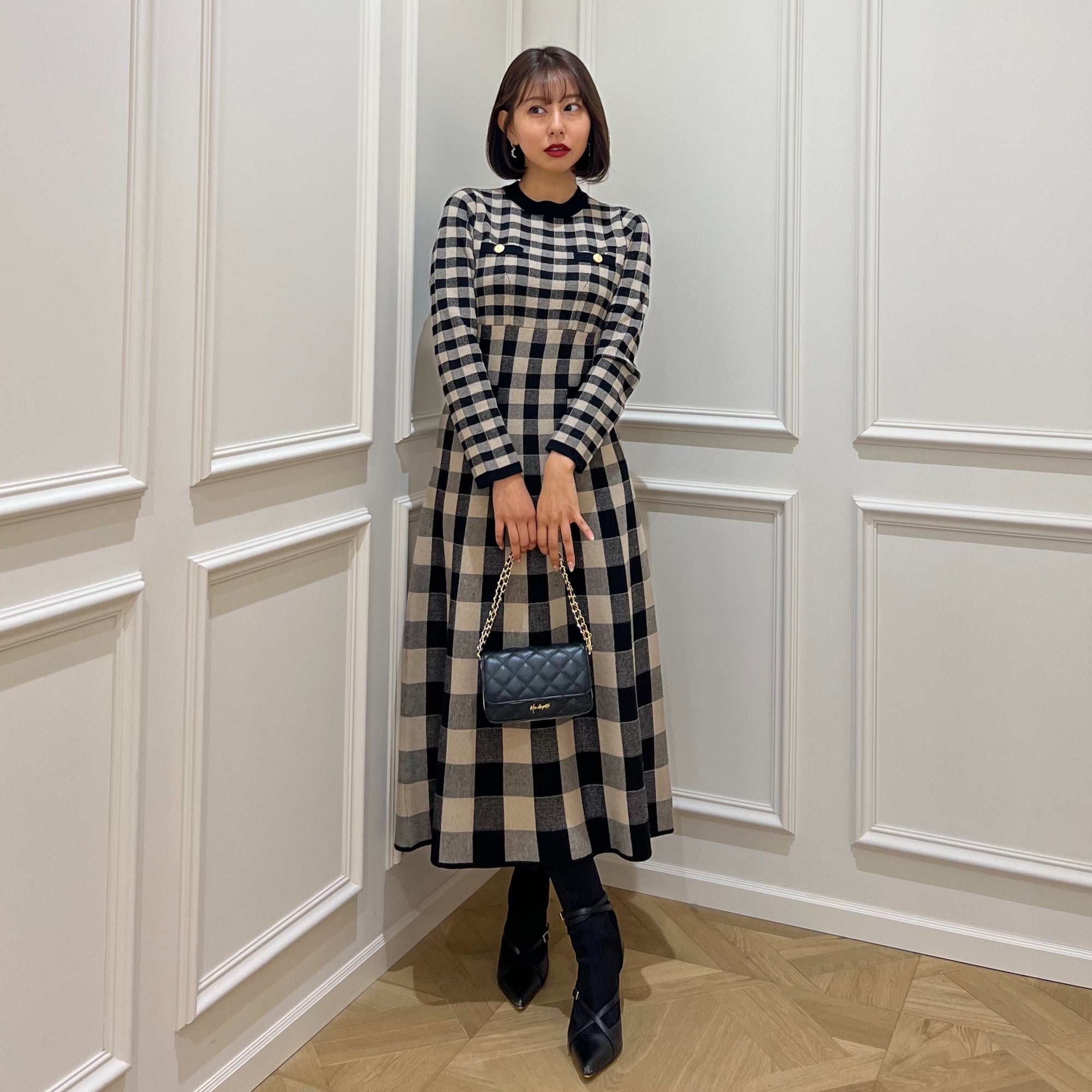 肩幅32㎝Herlipto Plaid Jacquard Knit Dress