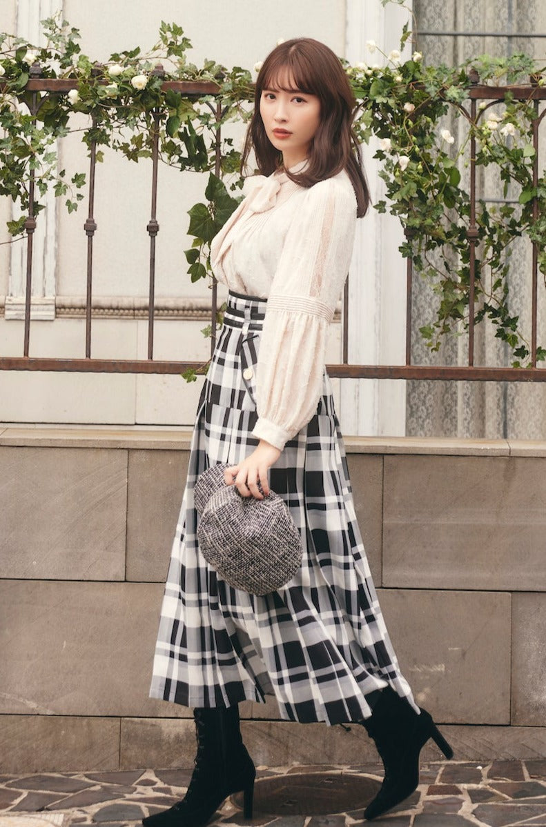 Pleated Checkered Twill Long Skirt - speedlb.com