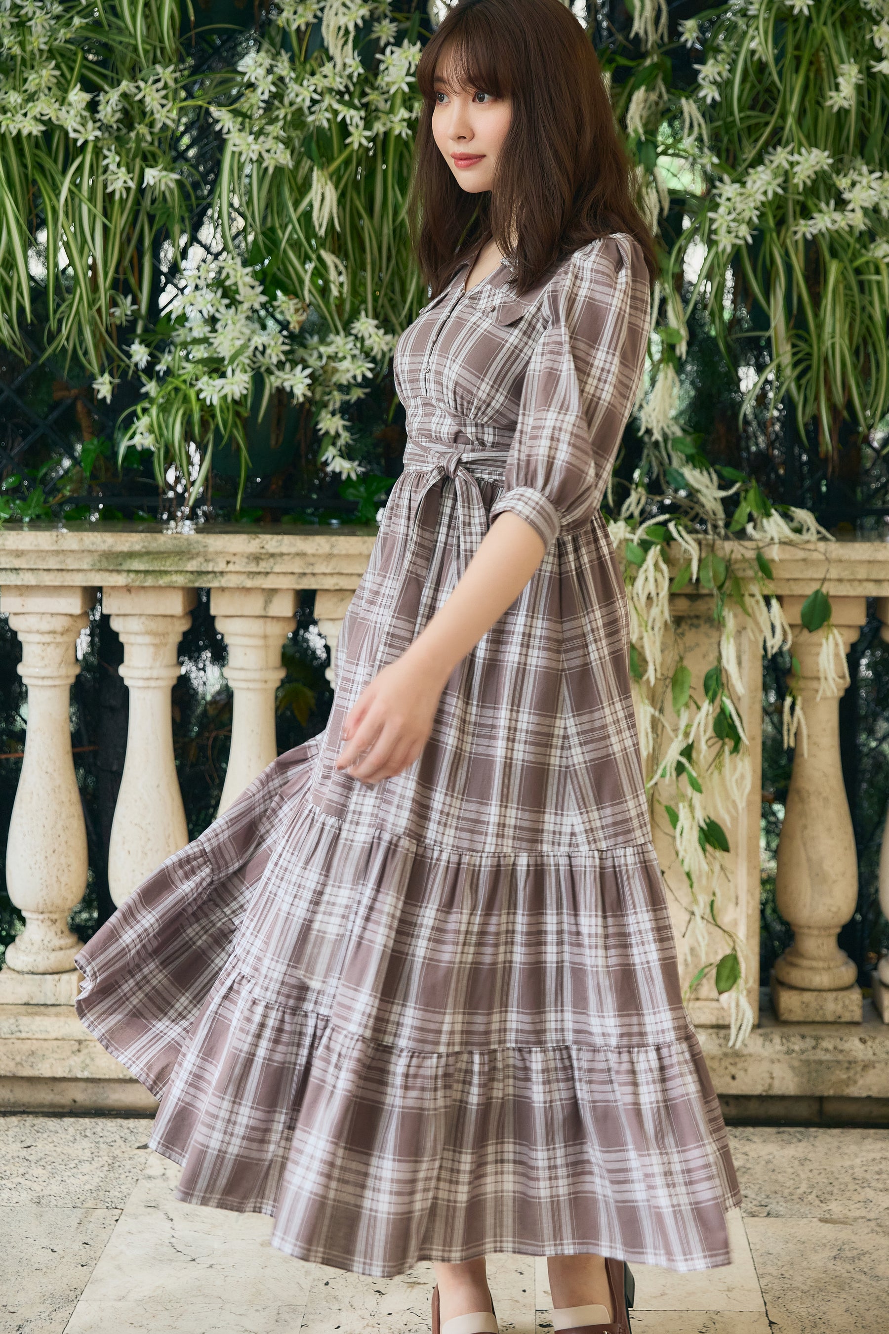 Bergamo Plaid Tiered Long Dress cocoa www.krzysztofbialy.com