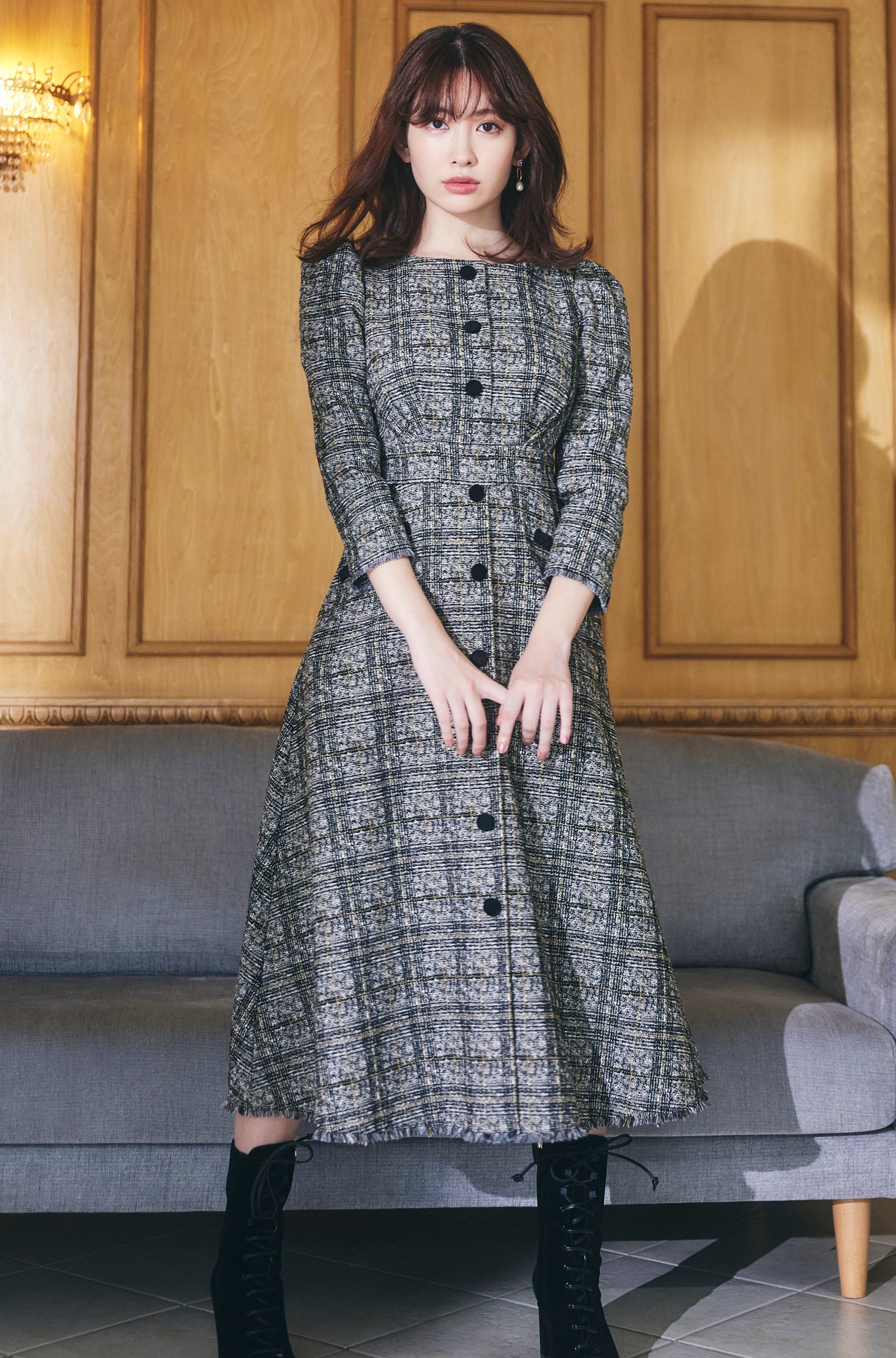 ロングワンピース herliptoツイードワンピースClassicTweedMidi Dress