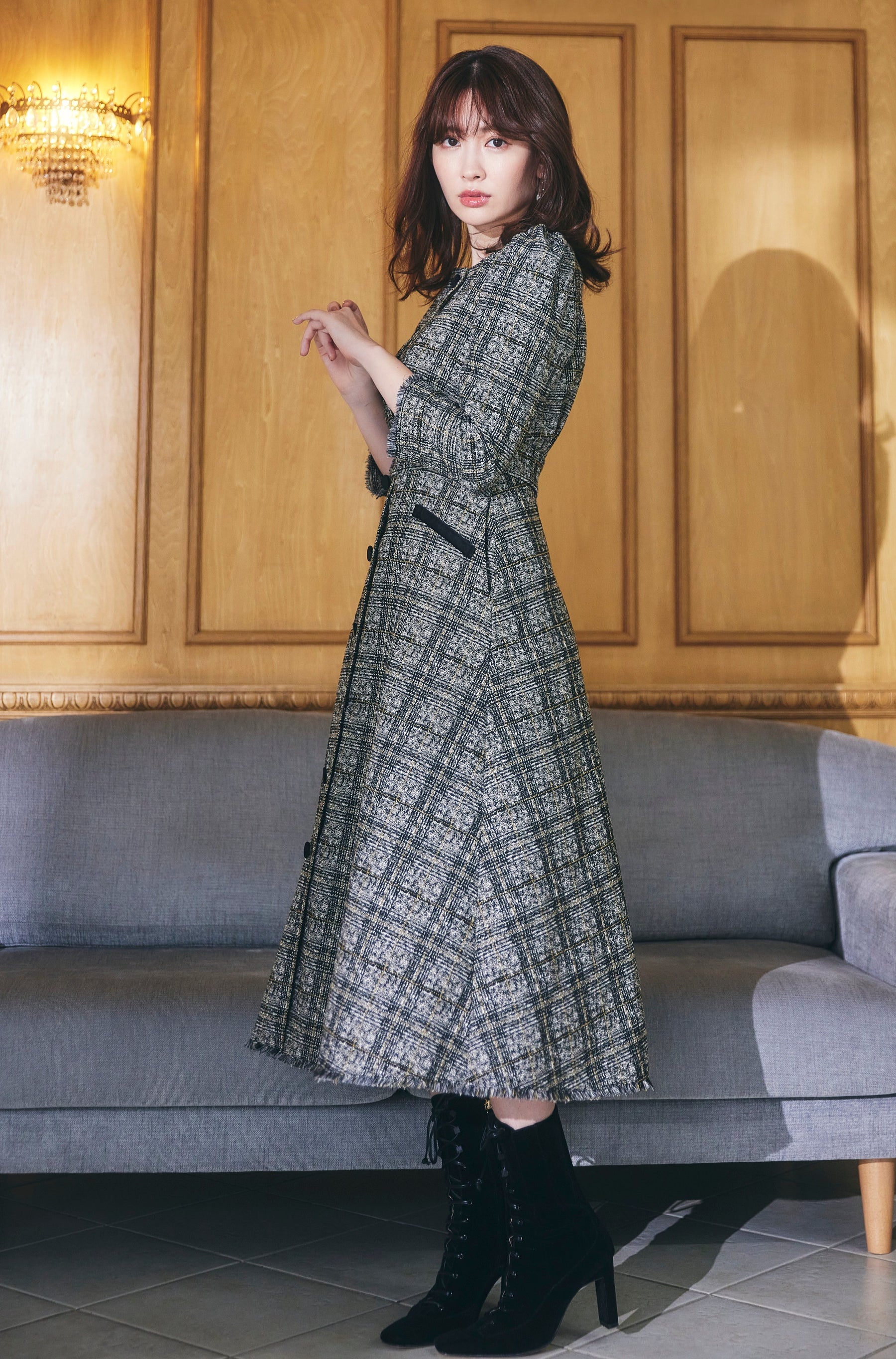 エントリー最大P14倍以上 ハーリップトゥー♡Classic Tweed Midi Dress