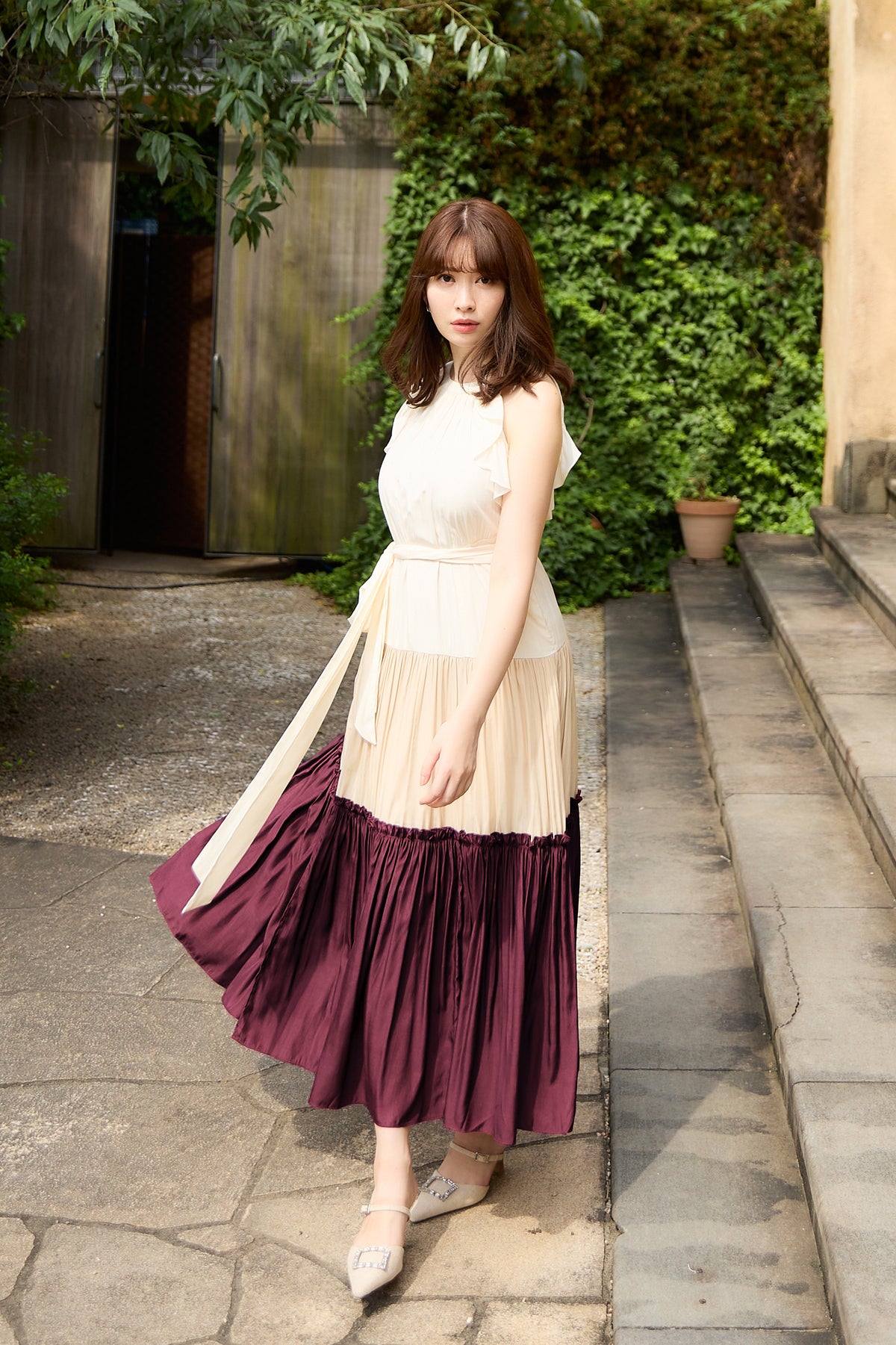 Herlipto Back Ribbon Tiered Linen Dresscocoasize - ロング