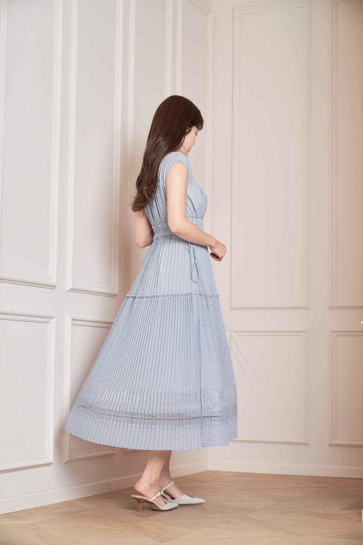 Pin Dot Pleated Long Dress