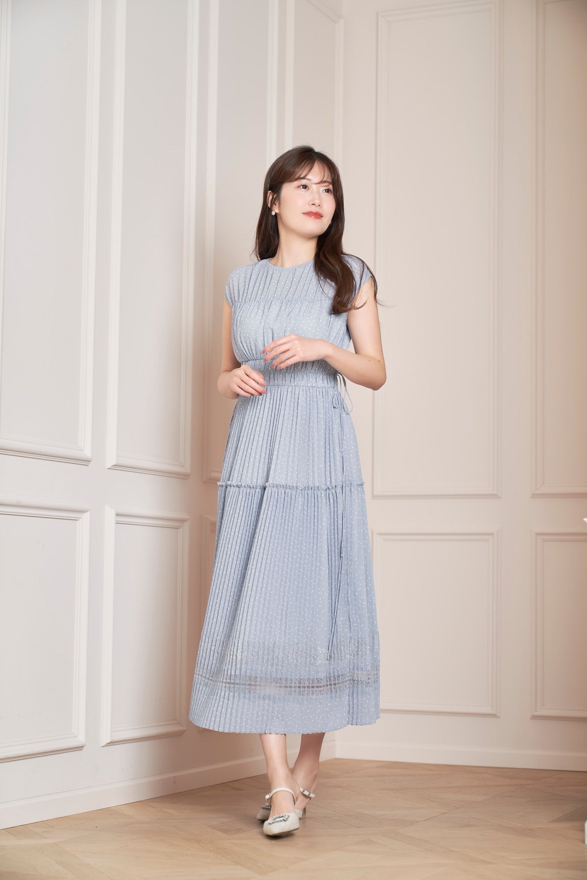 Pin Dot Pleated Long Dress