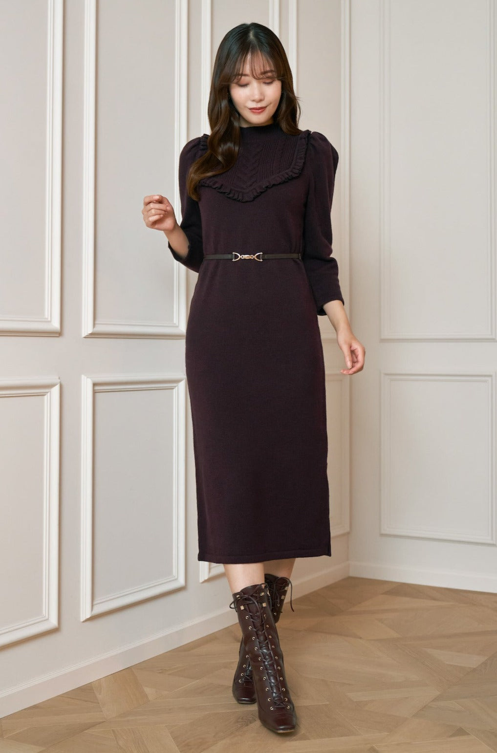 Belted Ruffle Cable-Knit Dress  Mサイズ
