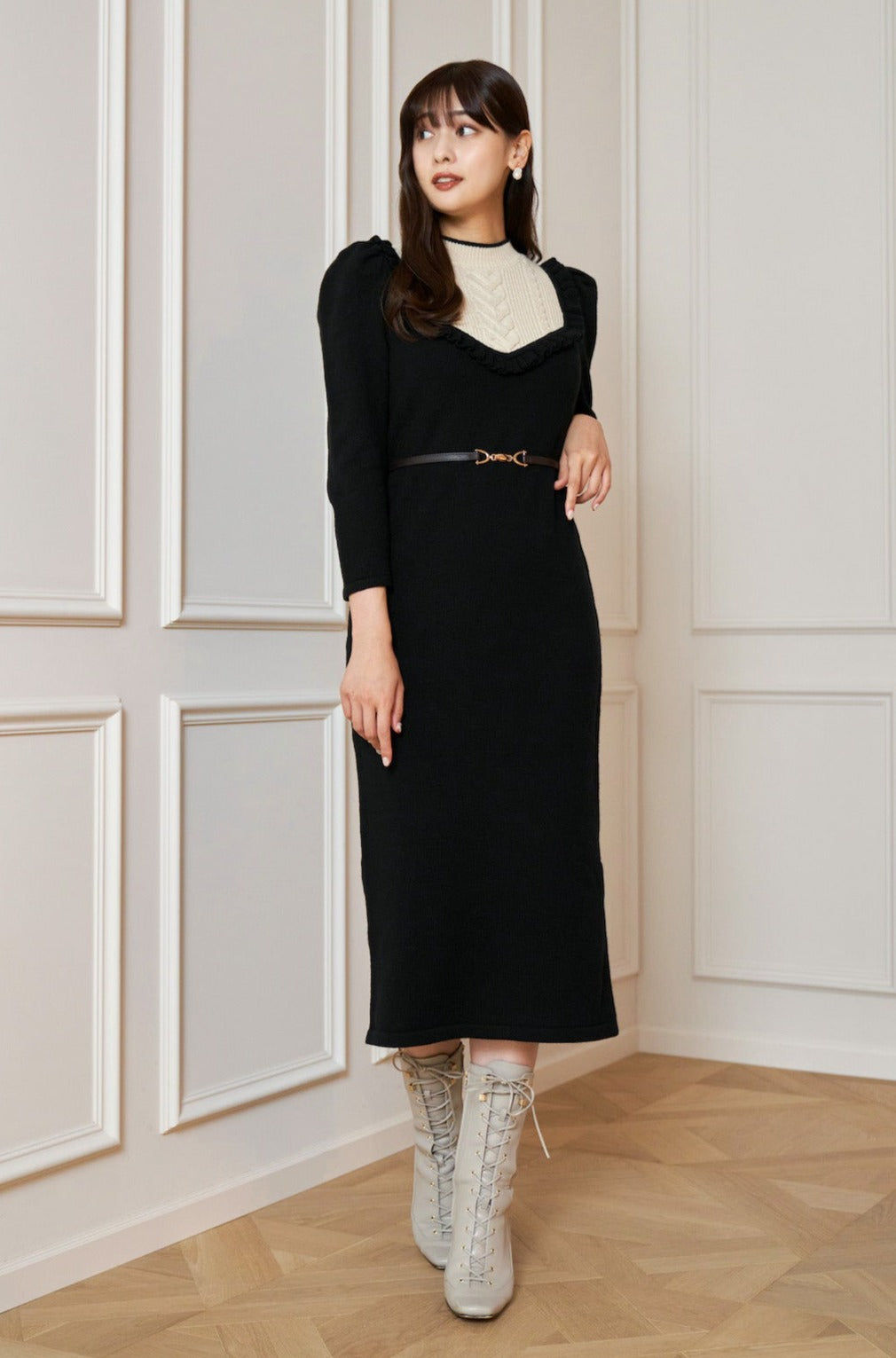 Herlipto Belted Ruffle Cable-Knit Dress - ロングワンピース