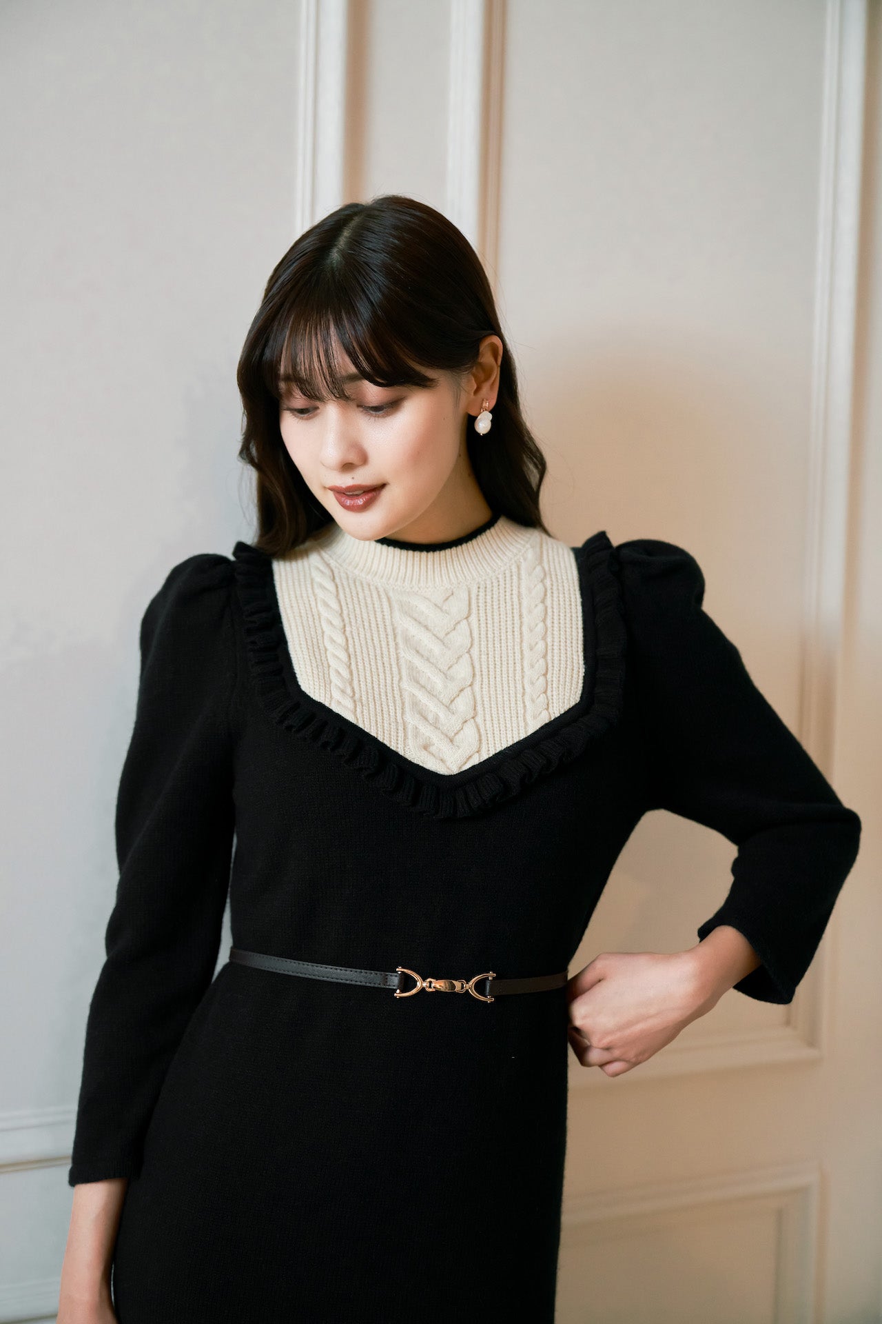 herlipto♡Belted Ruffle Cable-Knit Dress-