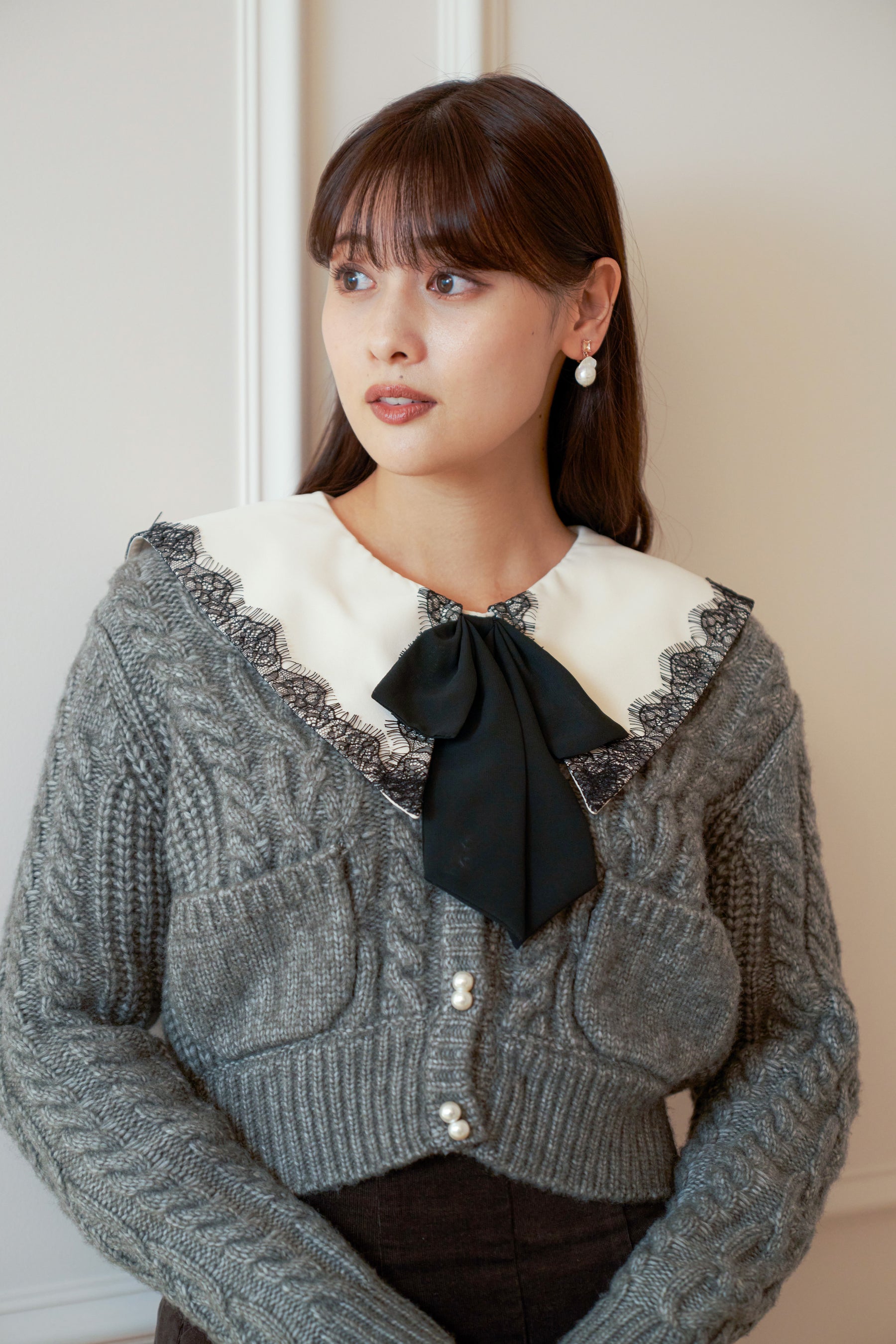 herlipto Double Bow Cable Knit Cardigan-