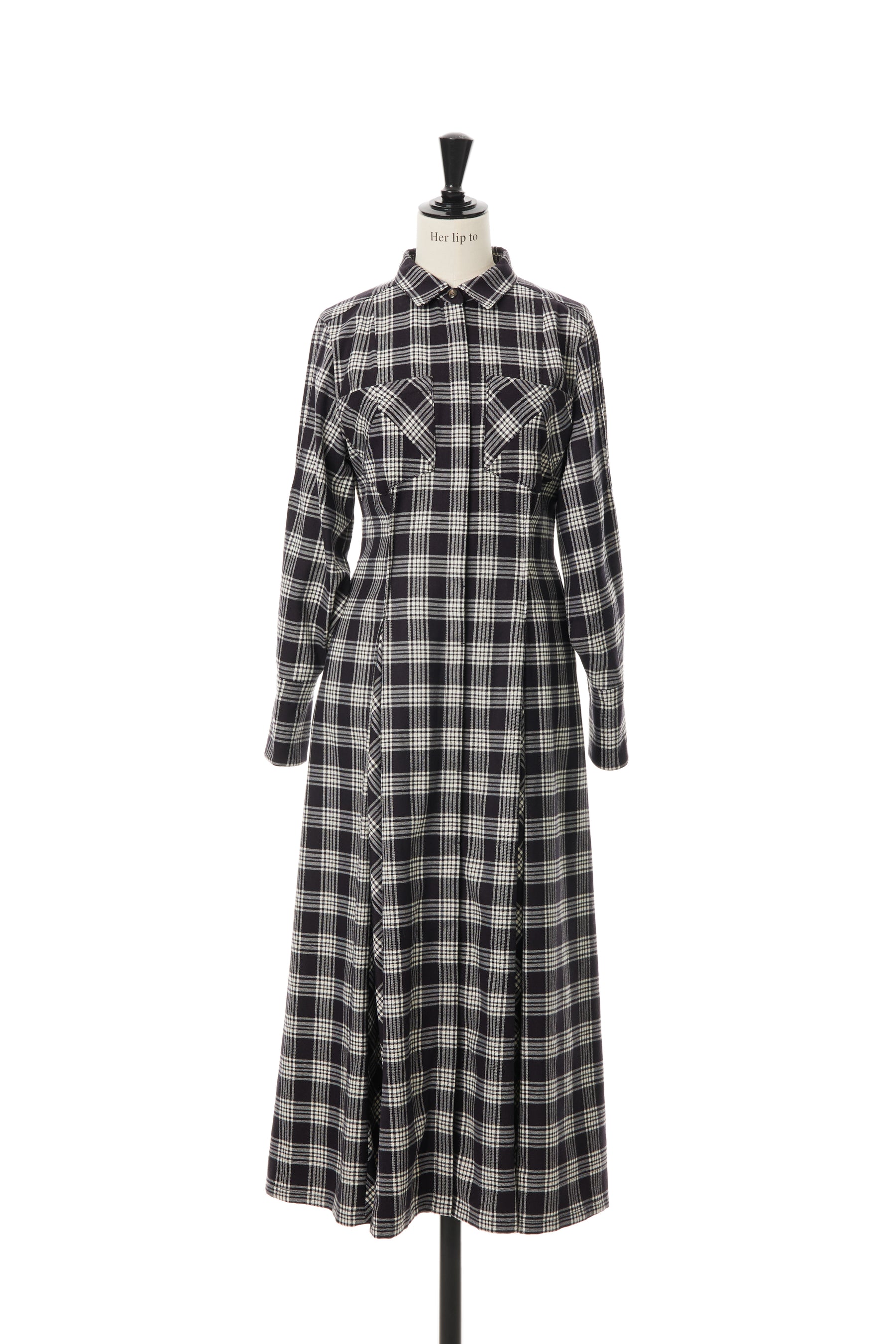 Checkered Pleats Long Shirt Dress