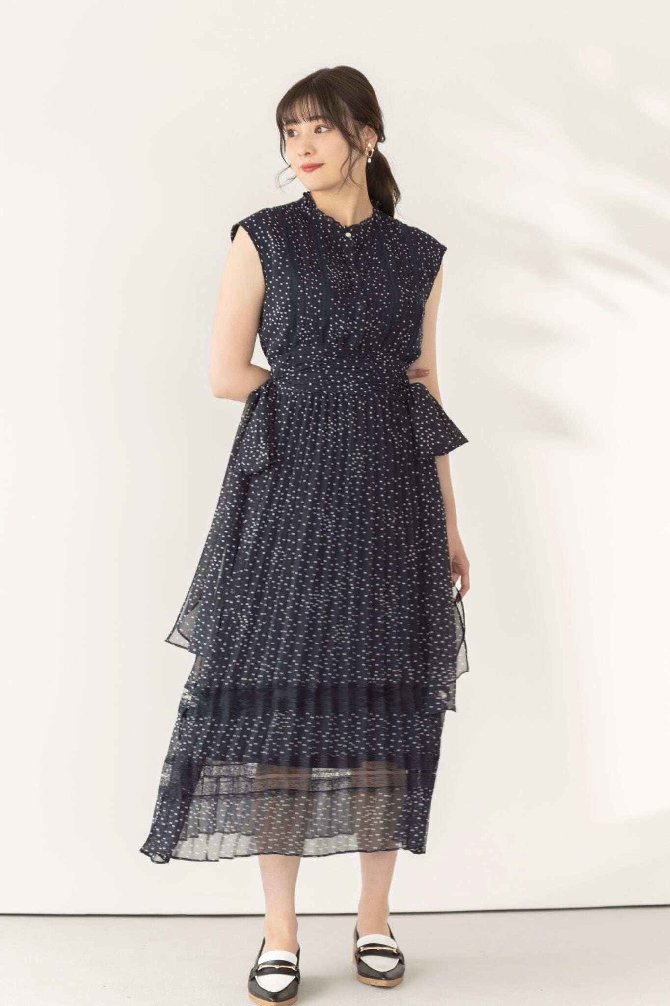 日本製・綿100% Polka Dot Side Bow Pleated Dress | www