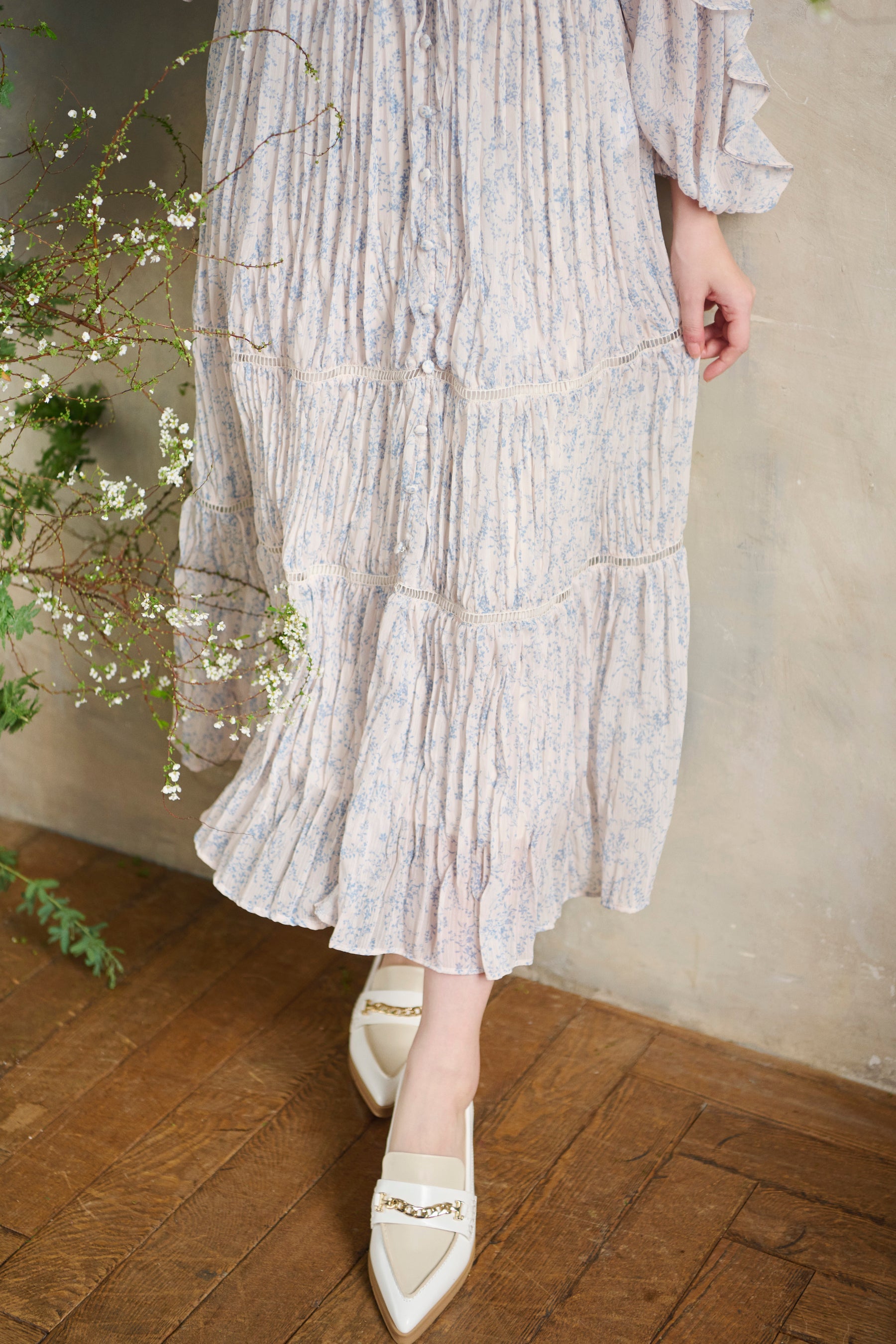 Floral Print Random Pleated Dress ロングワンピース | endageism.com