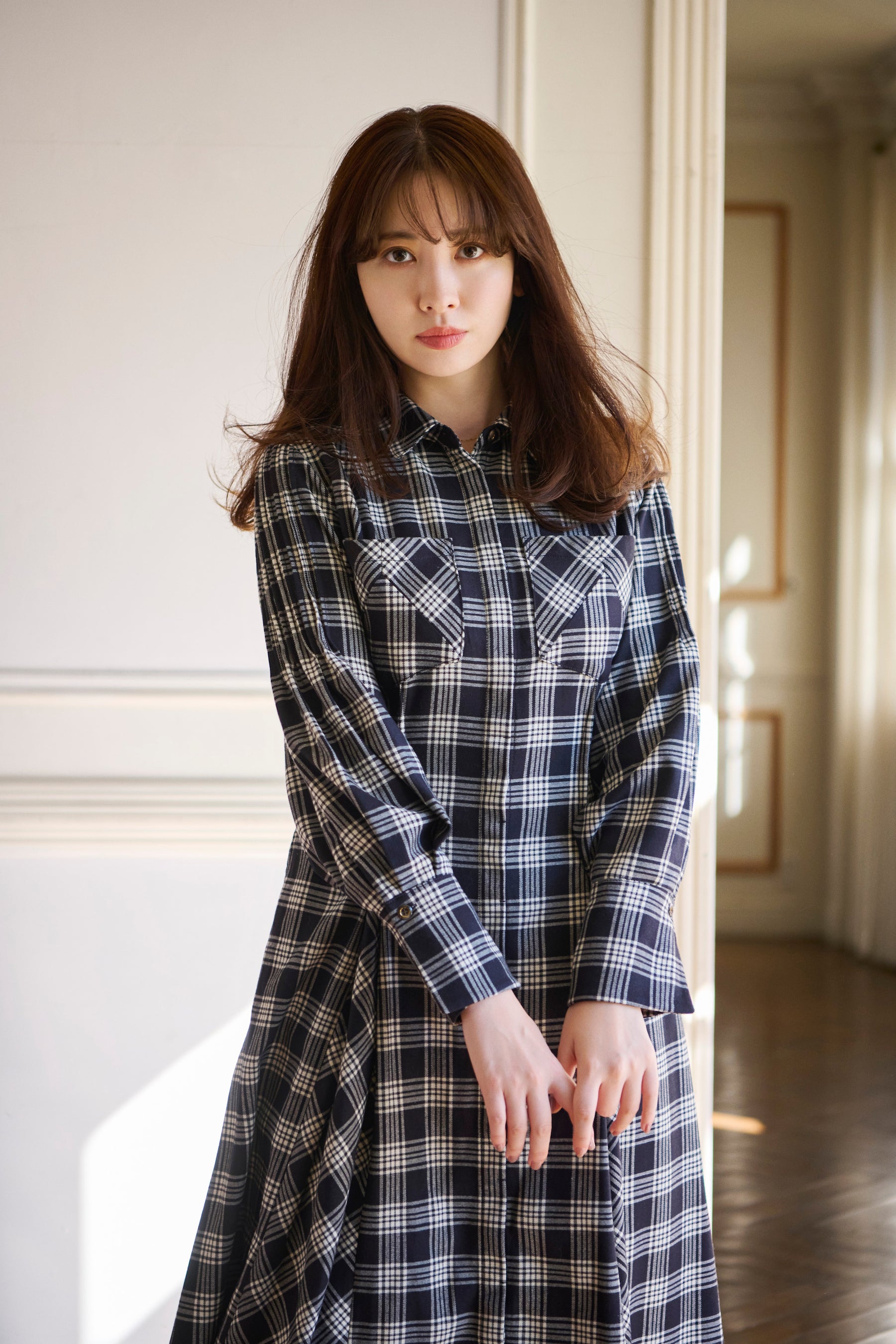 Checkered Pleats Long Shirt Dress | hartwellspremium.com