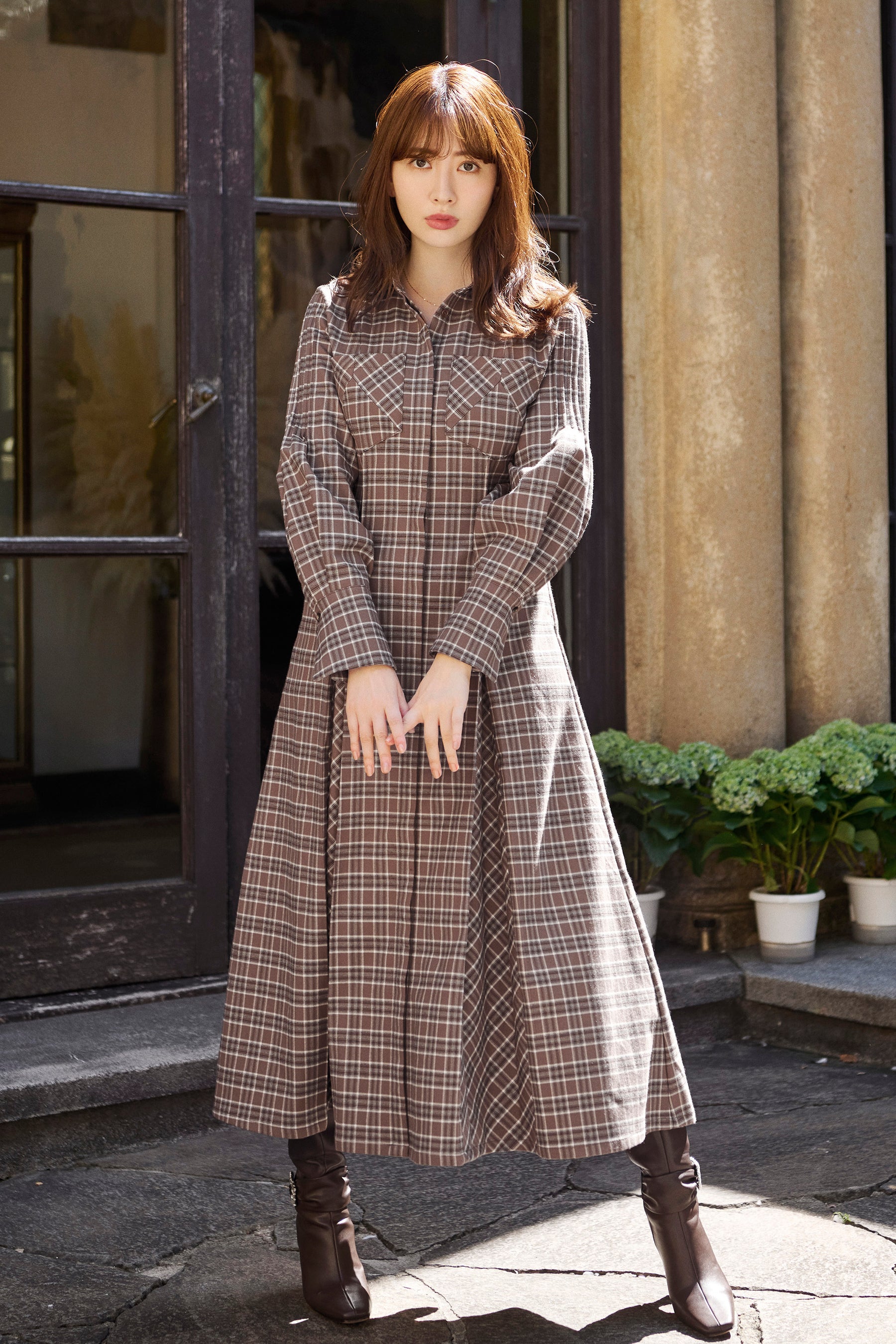 HLT Checkered Pleats Long Shirt Dressこじはる