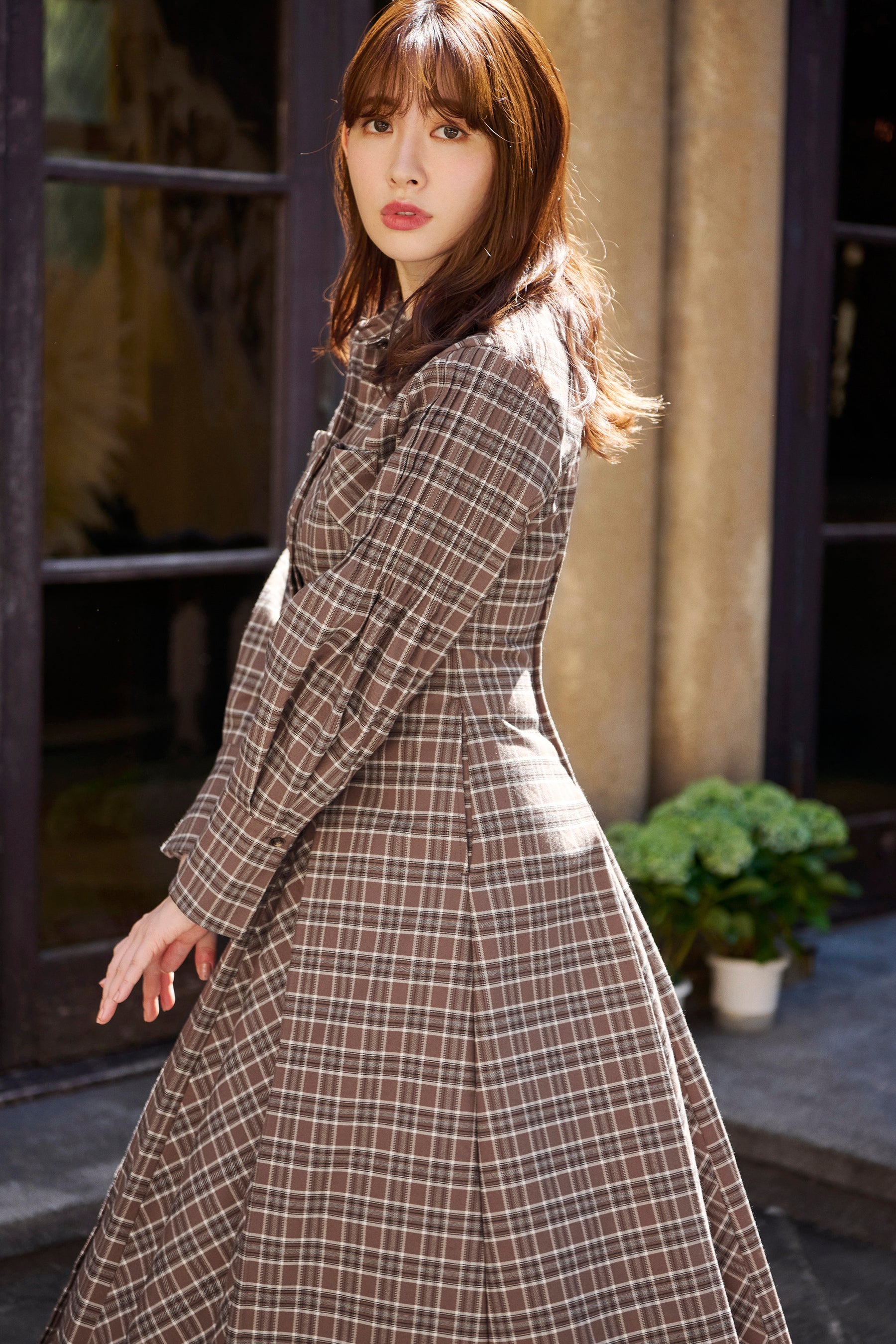 Checkered Pleats Long Shirt Dress