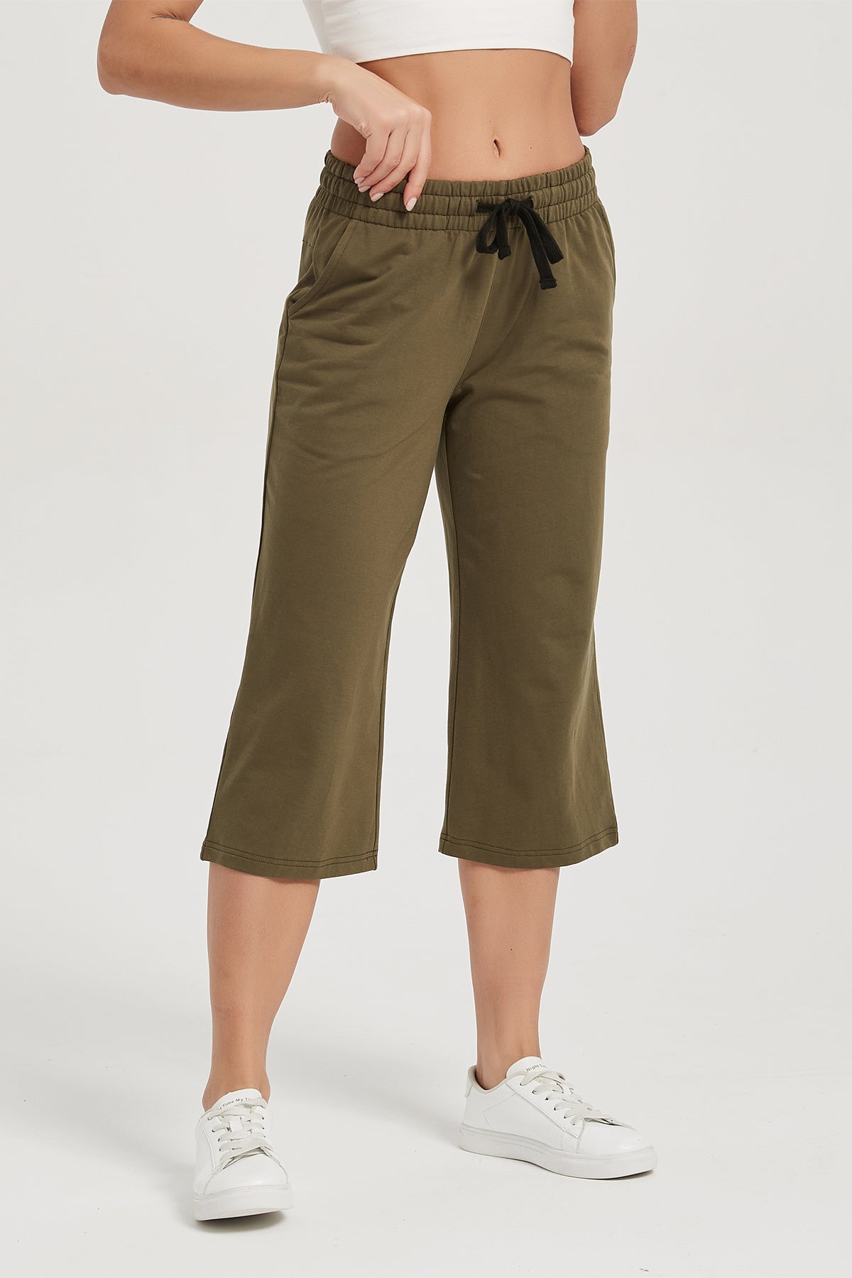 Women's Gaucho Pants Wide Leg Trousers High Waisted Cotton Pants, Army Green / XL