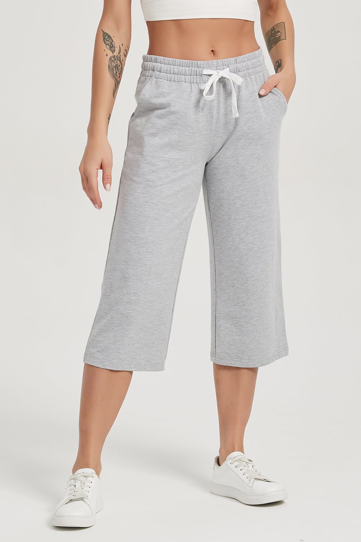 Women's Gaucho Pants Wide Leg Trousers High Waisted Cotton Pants, Light Grey / XL