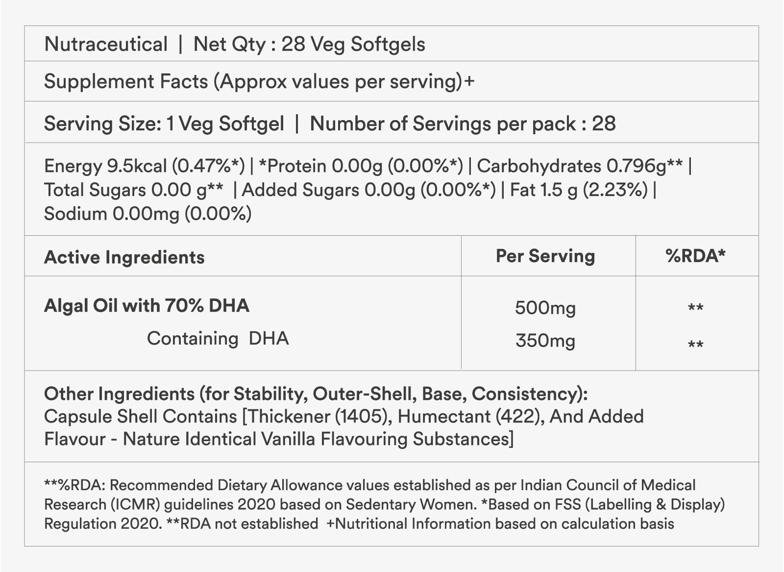 supplements fact and active ingredients table of DHA  algal oil softgels