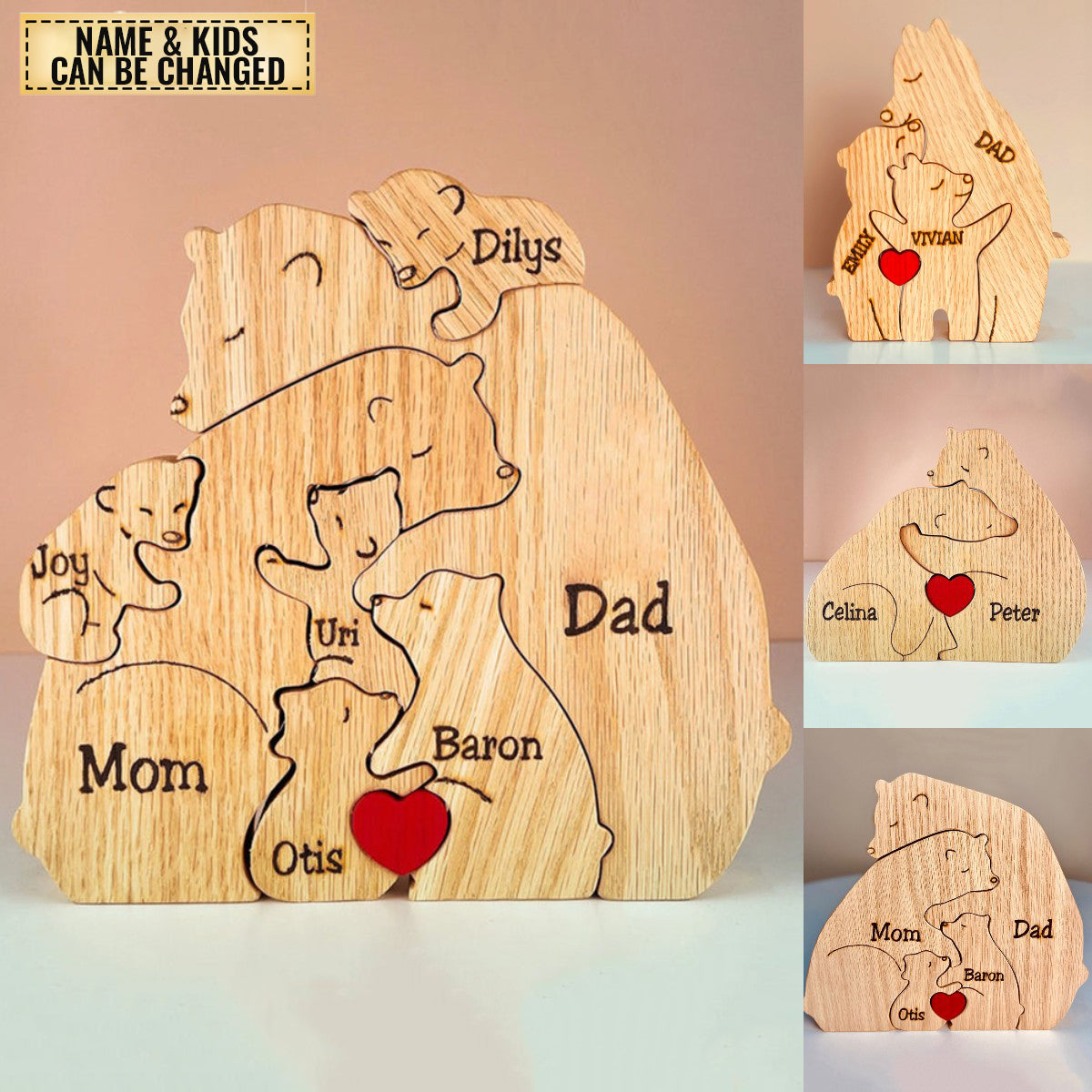 Single Parents - Wooden Bear Family - Personalized Wooden Pet