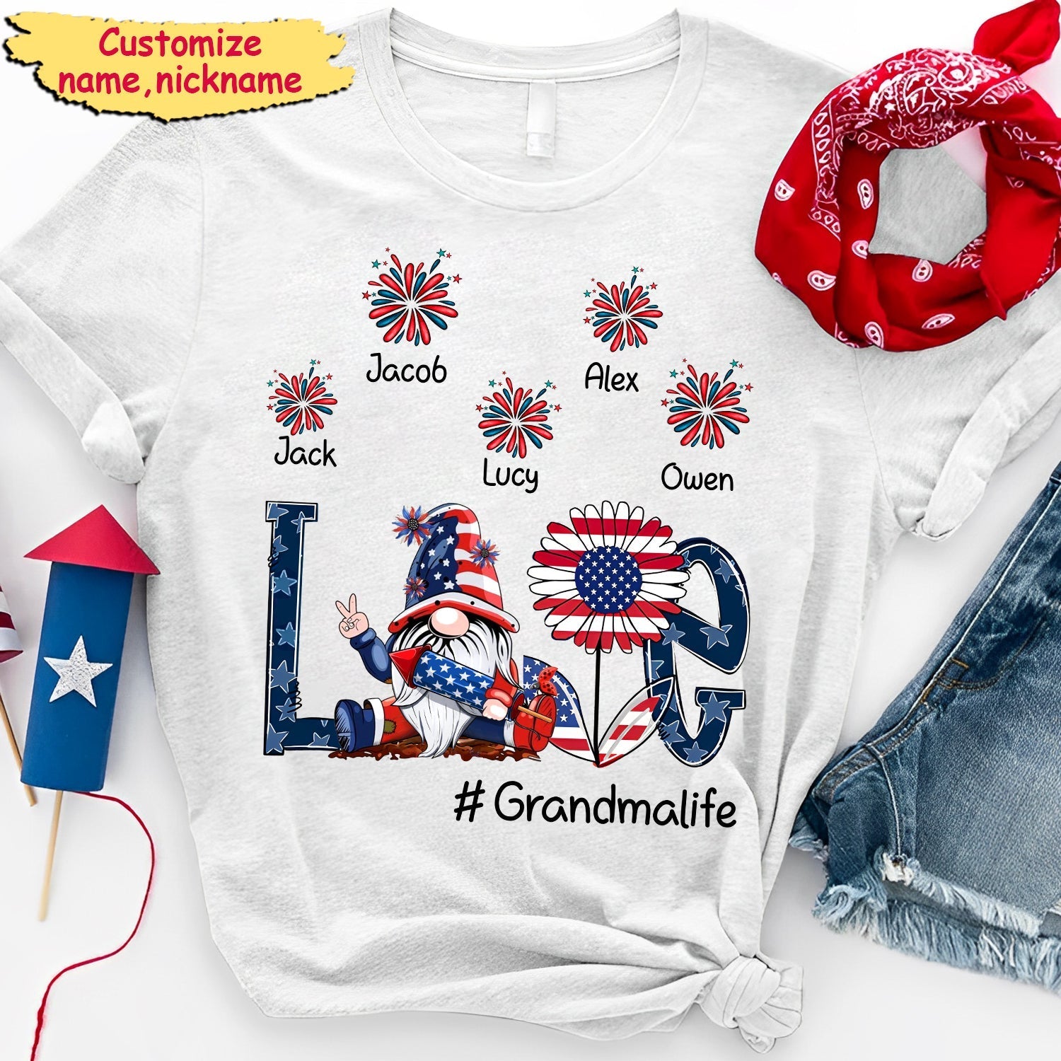 Mimi And Kids Firework America Flag T-Shirt, 4th July Flag Shirt