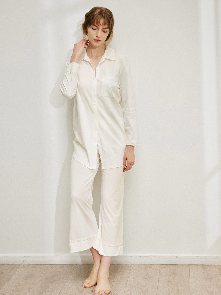 Pocket Piping Shirt Sleep Dress & Reviews - White - Sustainable Sleepwear