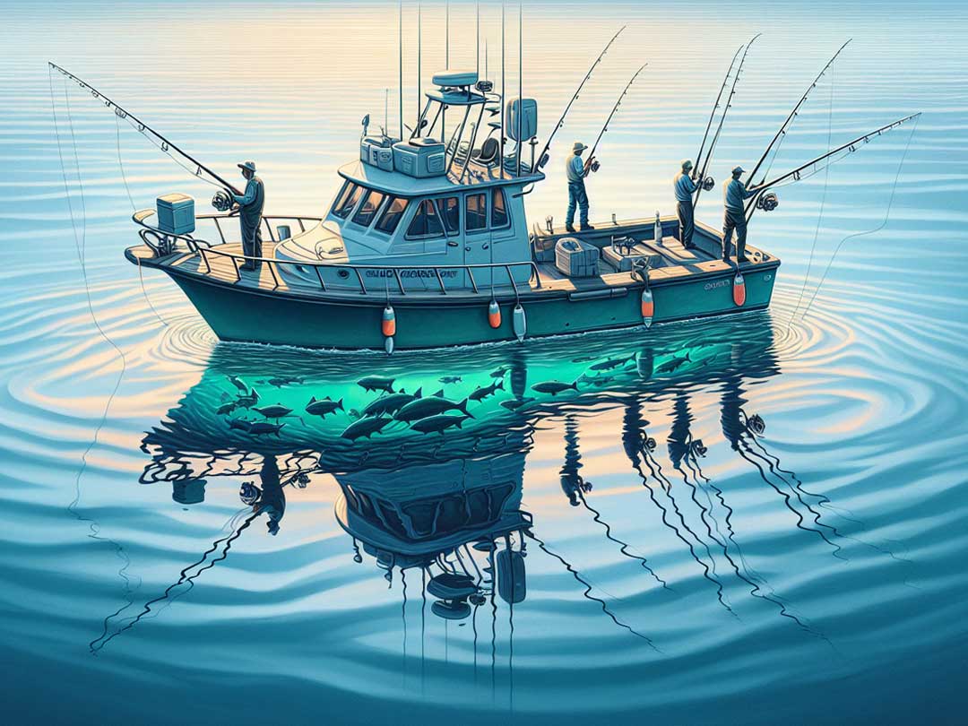 Illustration of a fishing boat with Seakeeper stabilisers navigating calm waters