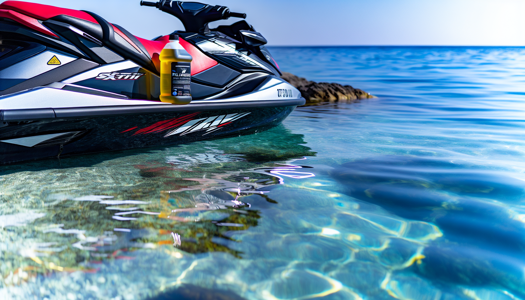 A jet ski on the water with a fuel stabiliser bottle nearby