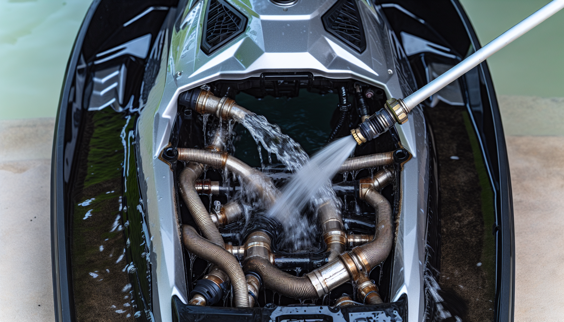 A jet ski cooling system being flushed with clean water