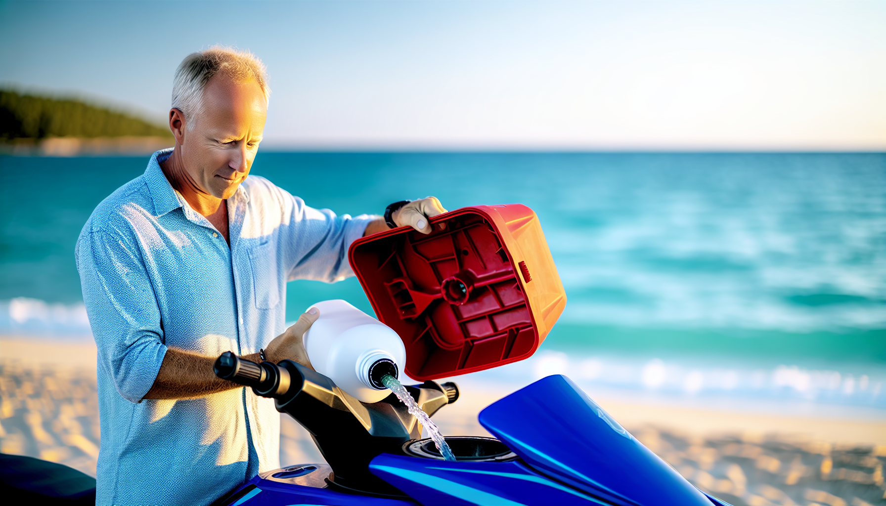 A person pouring fuel stabiliser into a jet ski's fuel tank