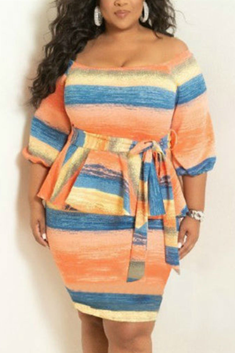 Fashion Striped Printed Orange Plus Size Dress