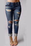Trendy Broken Holes Blue Denim Jeans