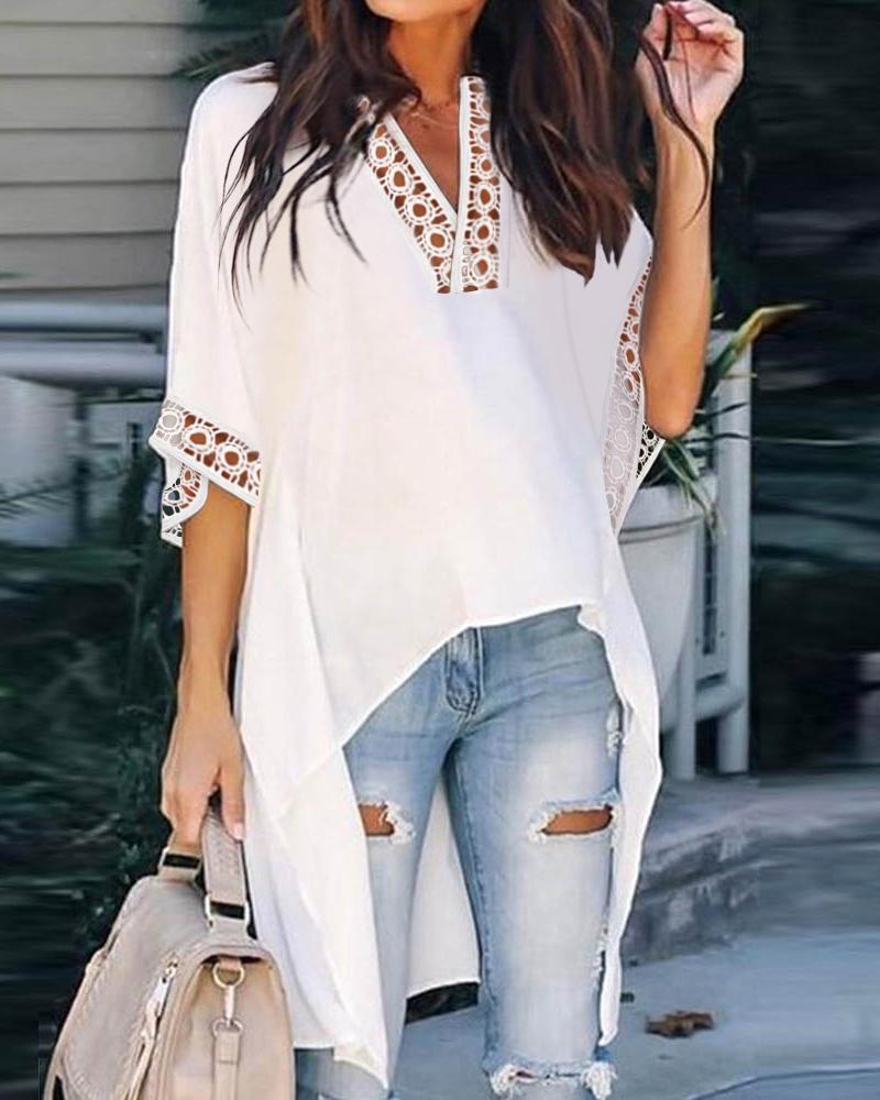 Contrast Lace Batwing Sleeve High Low Hem Top