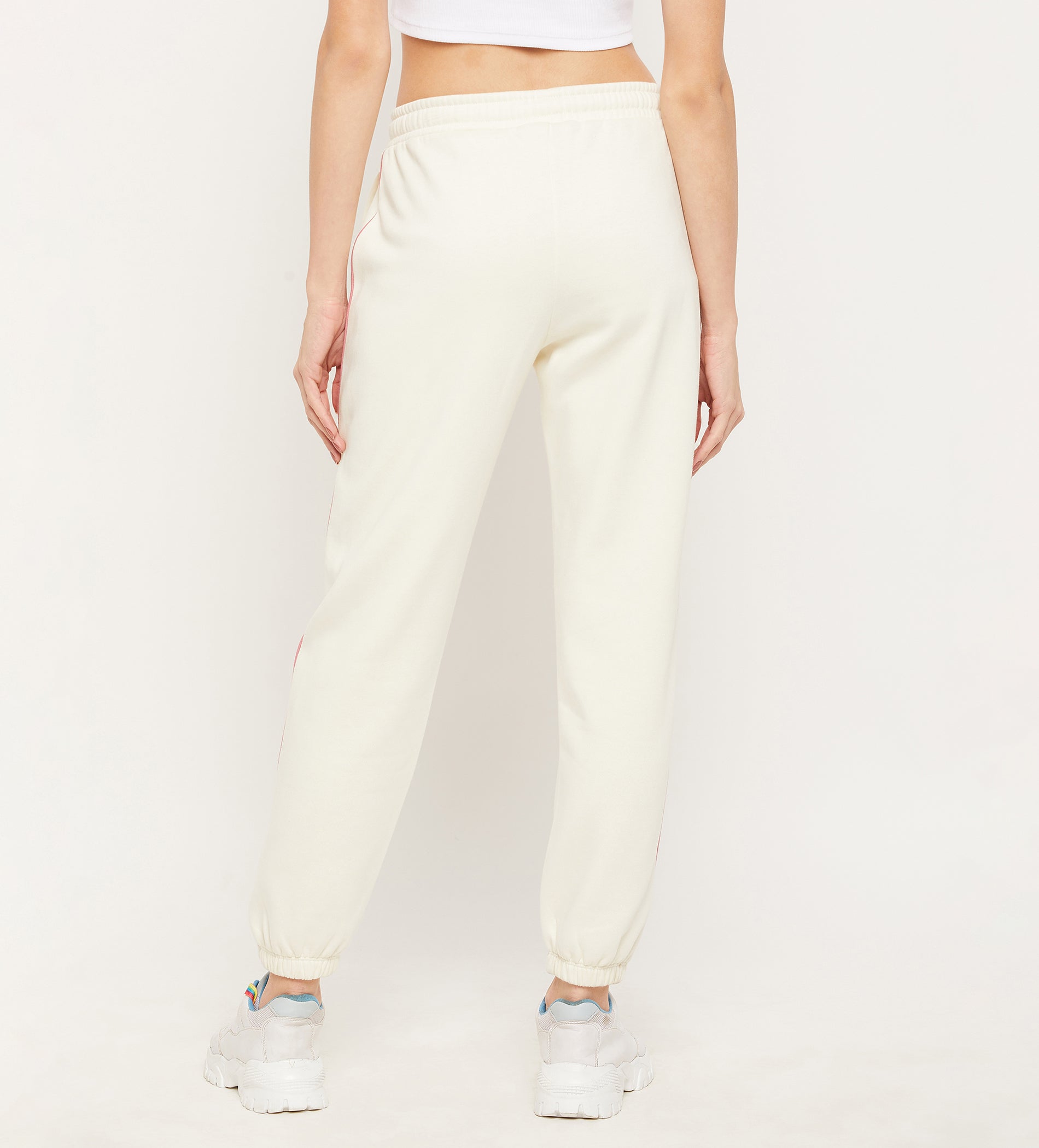 Women White Fleece Jogger with Piping