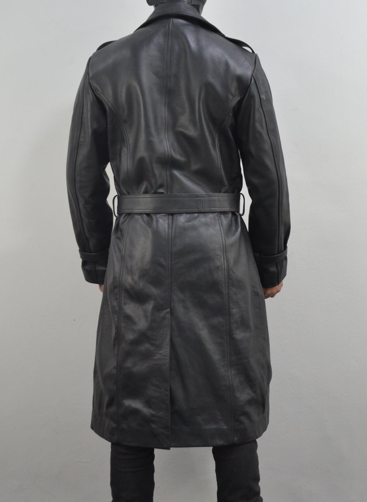 Men's Classic Belted Single Breasted Black Genuine Leather Trench Coat ...