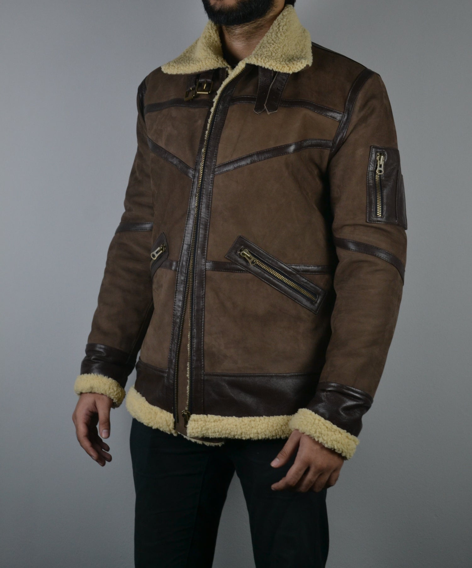 Mens Shearling Fur Bomber Brown Suede Leather Jacket – South Beach Leather