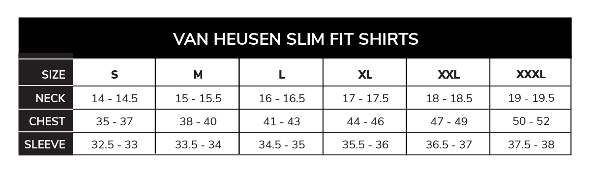 Size Chart: Shirts Slim Fit – Van Heusen