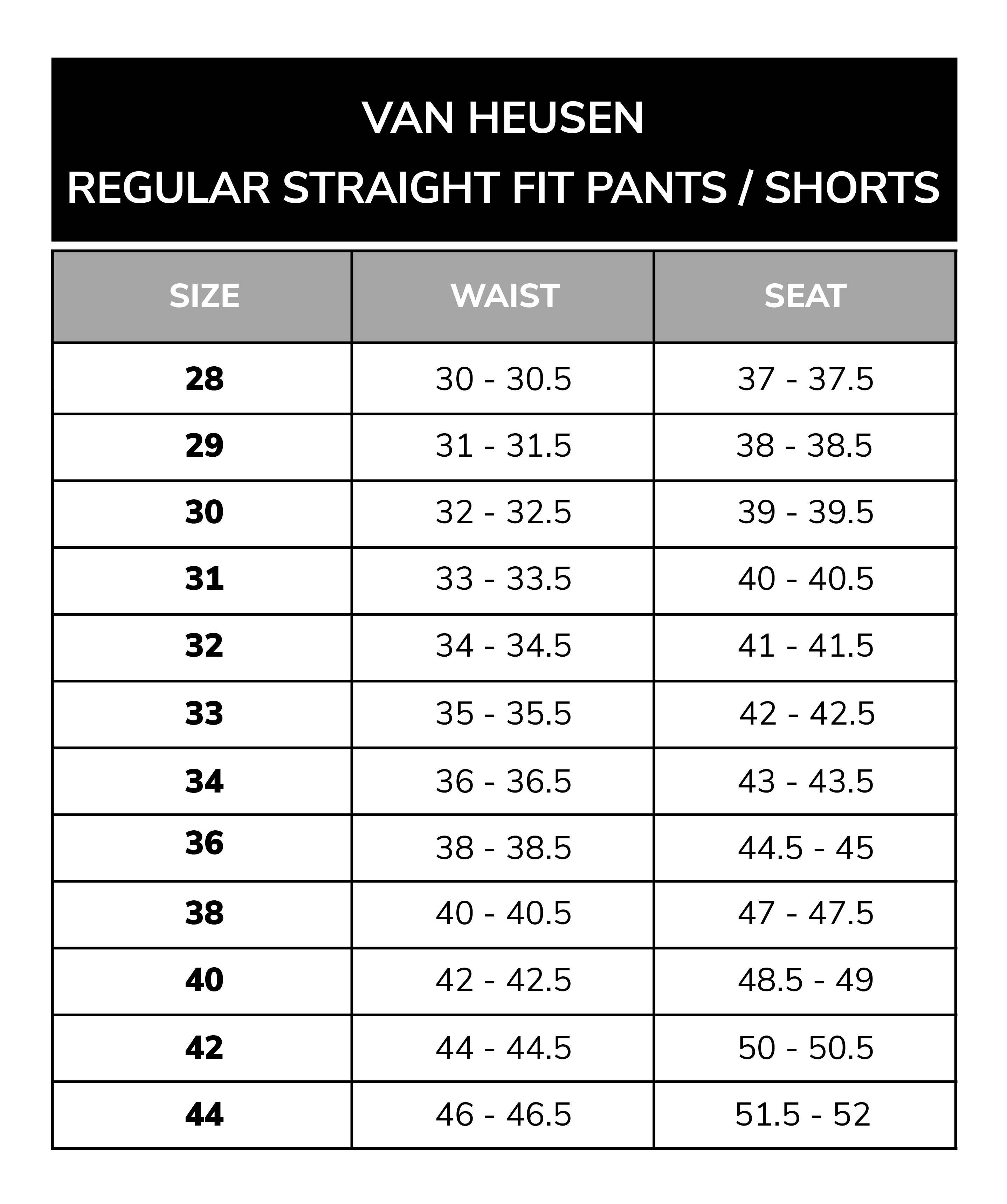 Size Chart: Shorts Regular Fit – Van Heusen