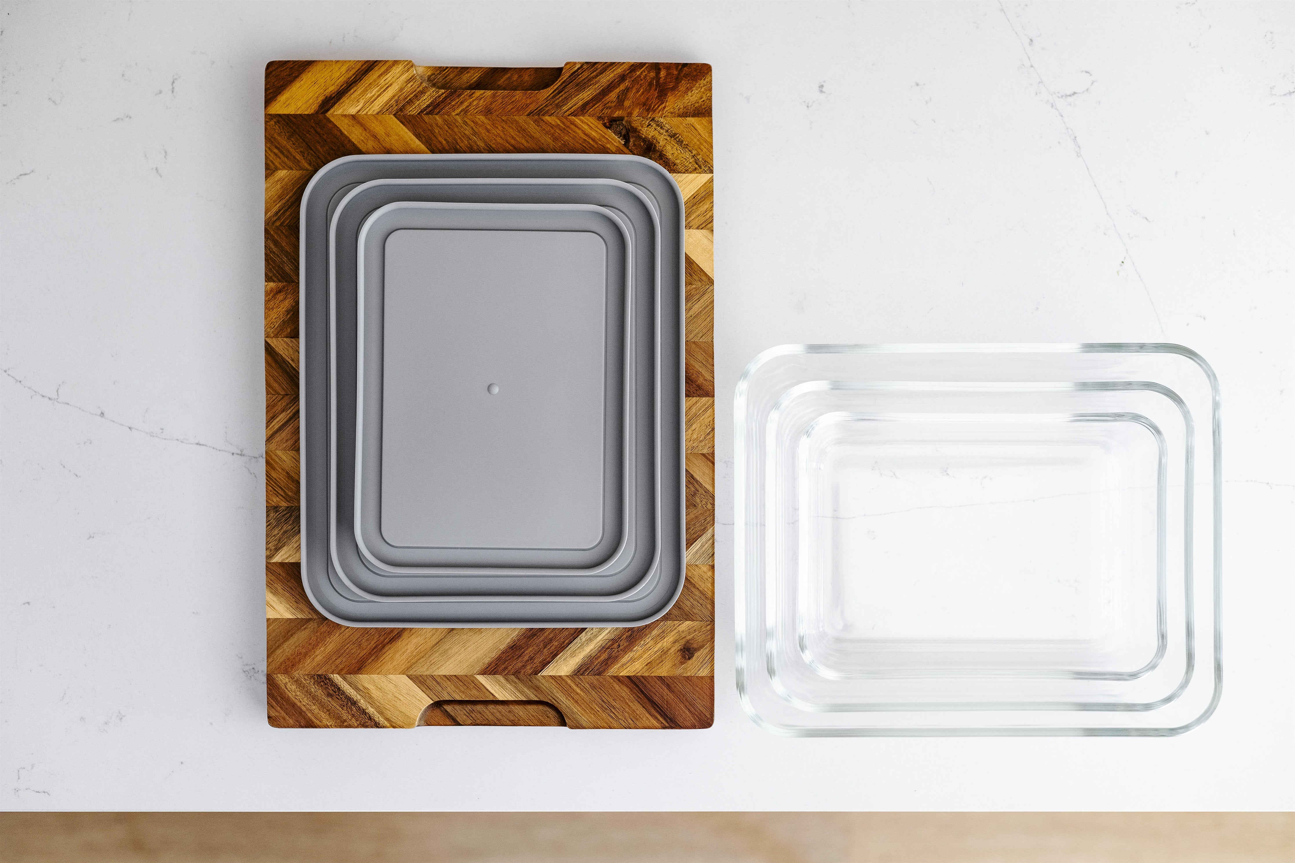 Glass Food Storage Containers - 6 Piece (3 Containers + 3 Lids) Rectangular Nesting Space-Saving Set