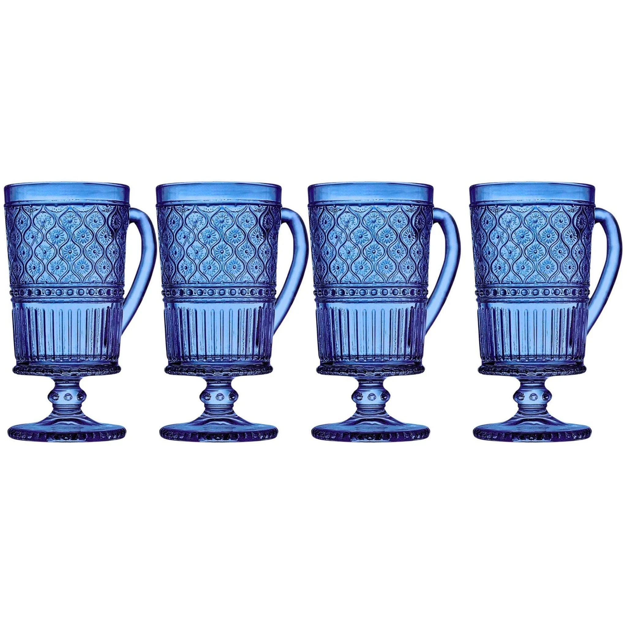 Set of 4 Claro Footed Coffee Mugs - Blue Crystal Drinkware, 12 oz Capacity