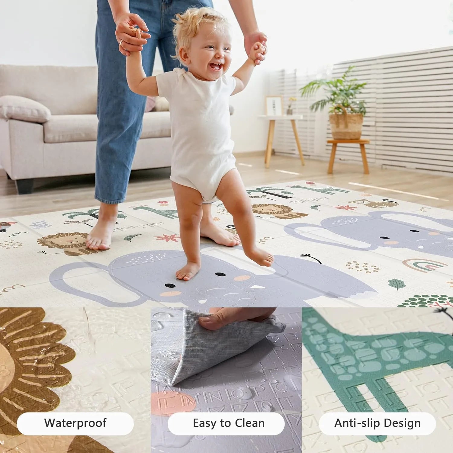 79x71 Foldable Play Mat for Baby,  Elephant+Monkey - Image 3