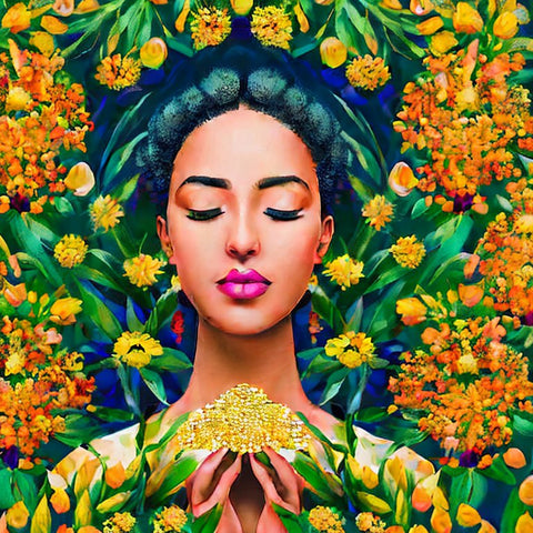 Natural skincare image displaying a woman surrounded by flowers content with natural beauty and nice skin.