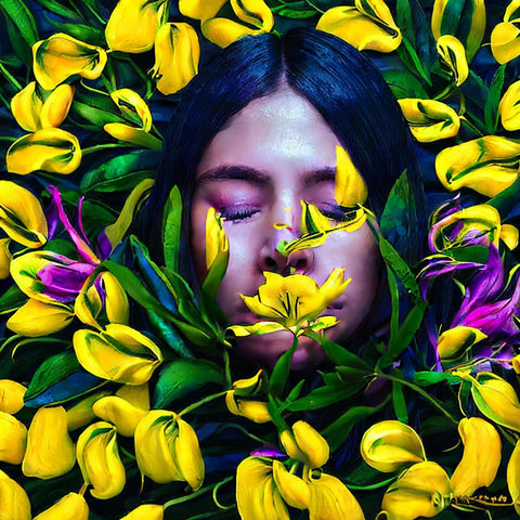 Ylang Ylang flowers surround a naturally beautiful woman using natural skincare cosmetics for natural beauty