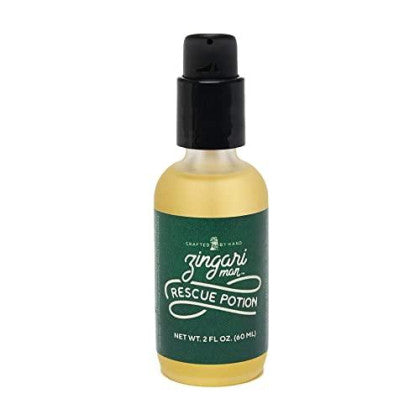 Zingari Man Rescue Potion in a round bottle with green label and black pump top, dr.mike's shaving emporium aftershave oil