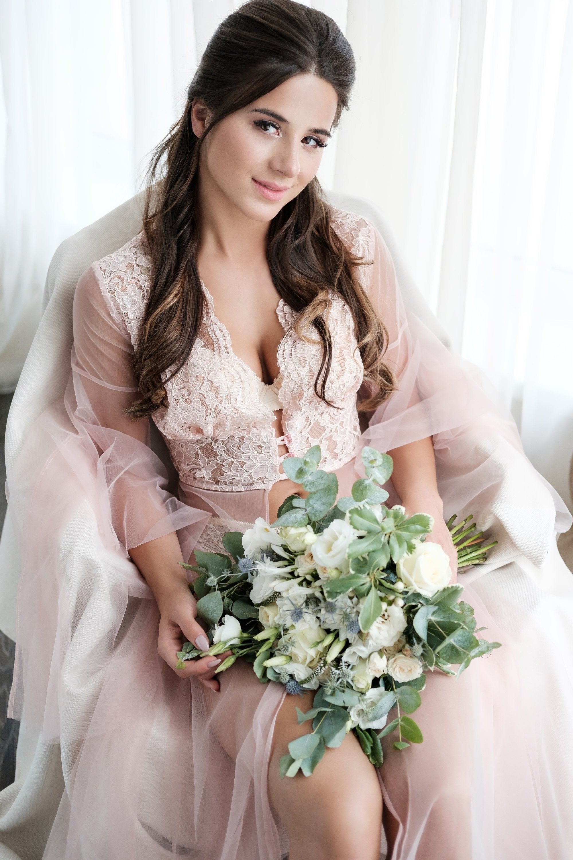 Lace Maternity Boudoir Gown for Photo Shoot in blush pink color